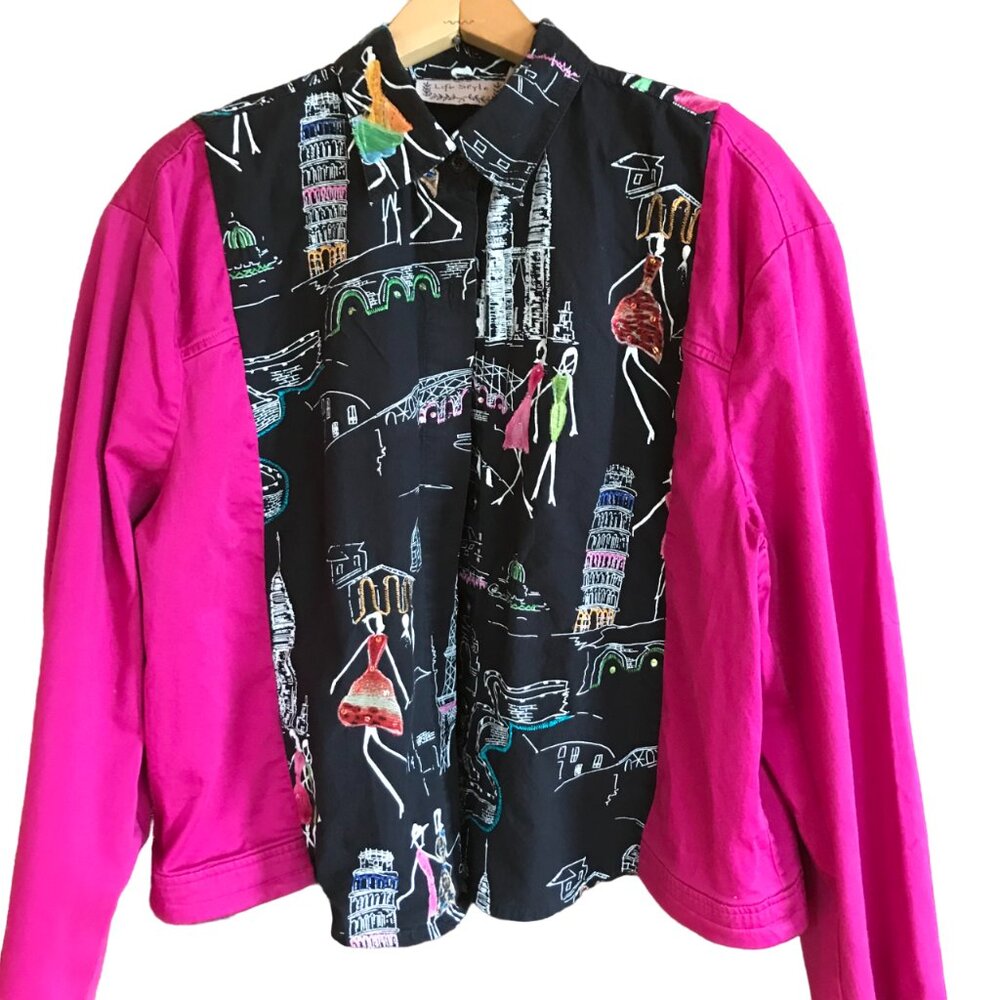 Funky Oversized Blazer, Paris Print, Fuchsia Spliced Button-Down Jacket Sz M - L